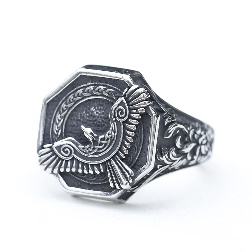 Detailed side profile of the stainless steel ring, revealing its craftsmanship and textured surfaces.