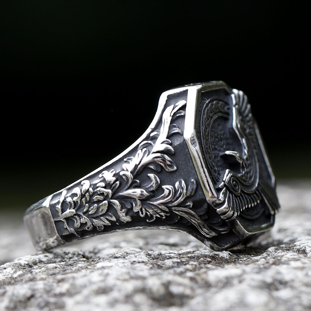 Overhead shot of the robust Viking eagle ring, showcasing its dark contrasting finish.