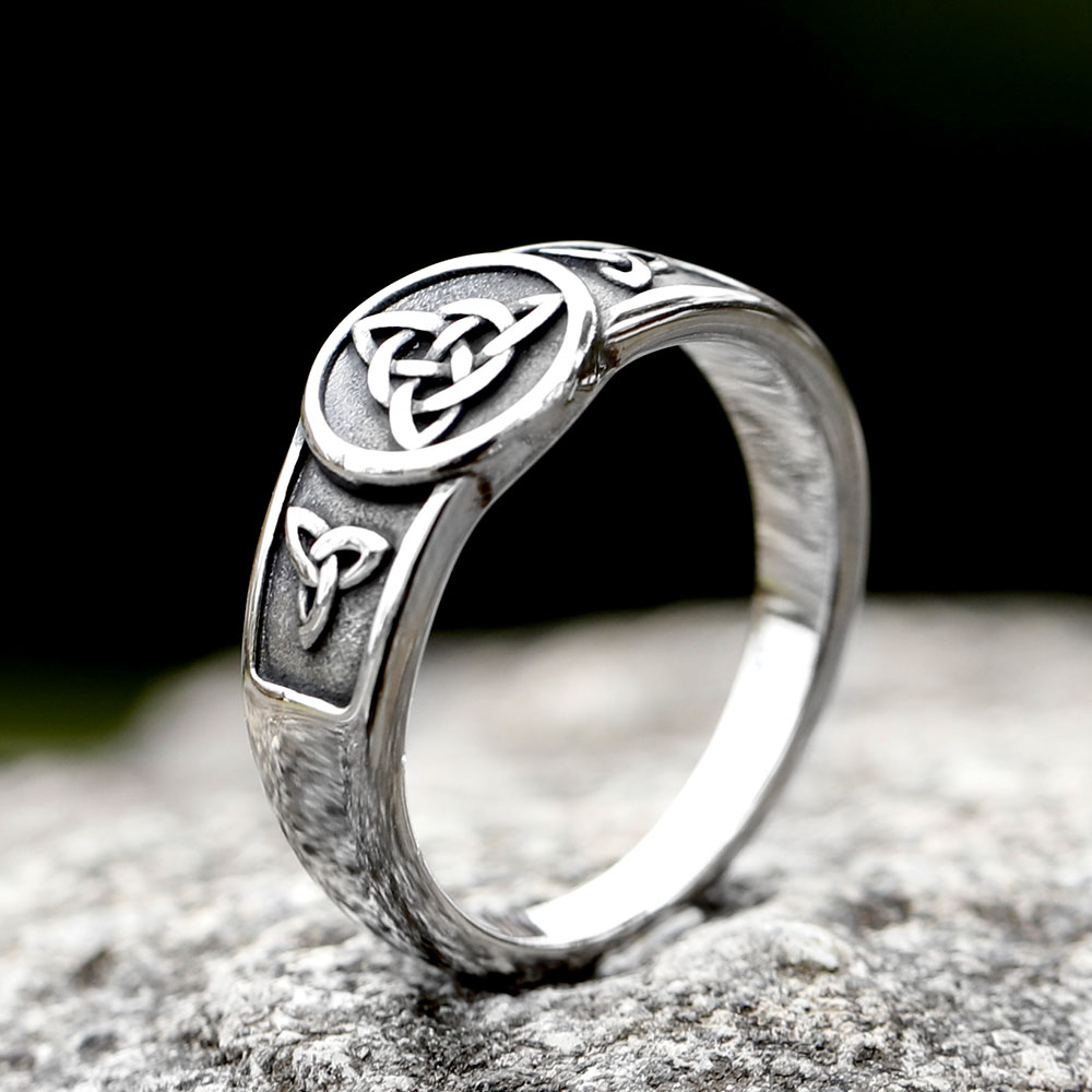 Side profile of the durable stainless steel ring, showing the embossed Celtic knots on the band.