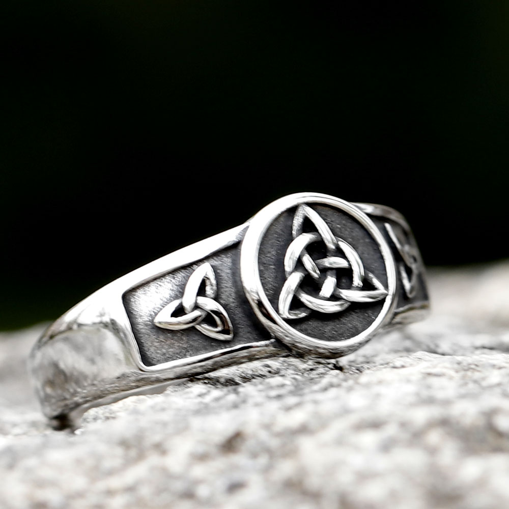 Overhead view of the Triquetra knot ring, highlighting its intricate design and solid construction.