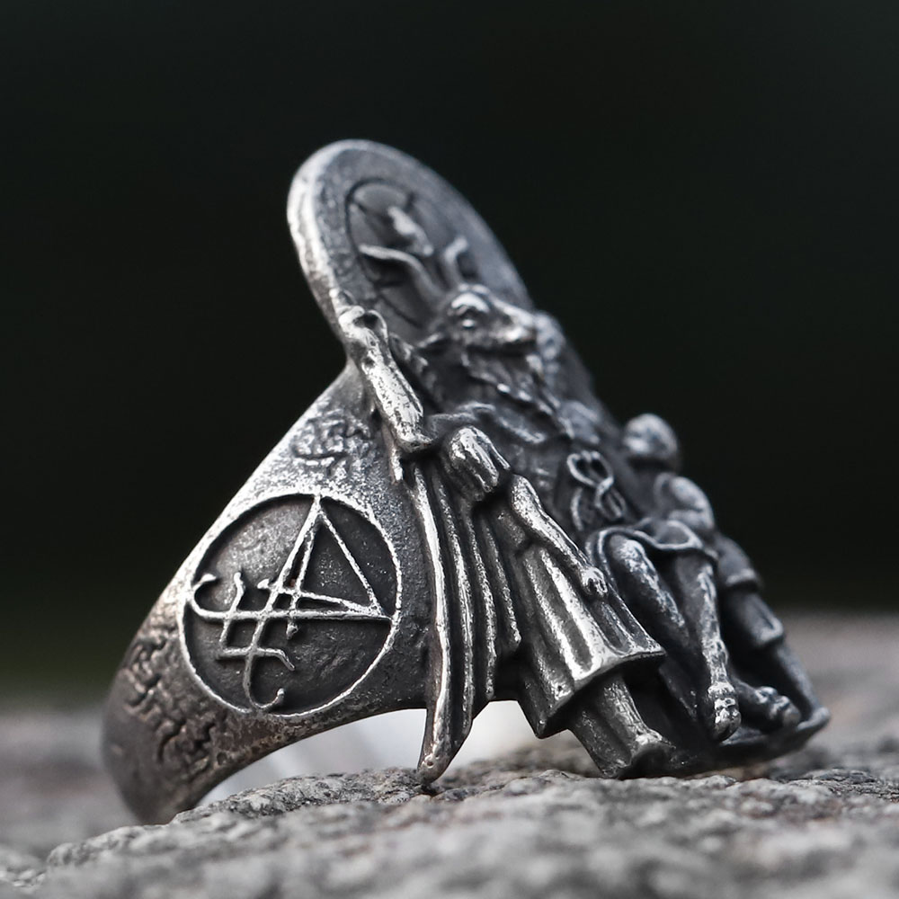 Side view of the Baphomet punk ring, showing the detailed relief and ring band.