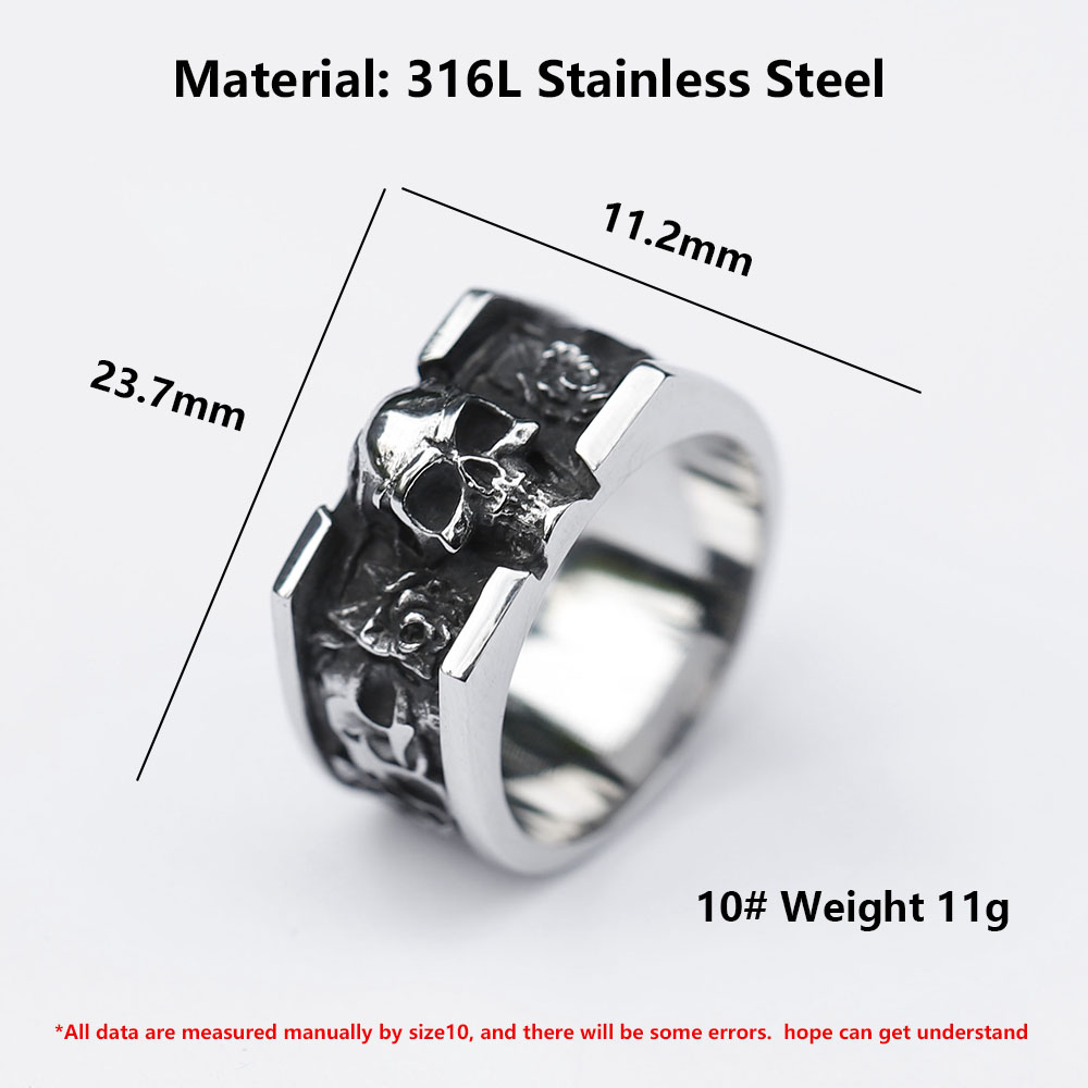 Close-up of the polished inner band and lower exterior of the Men's 316L stainless steel skull ring, showing its robust construction.
