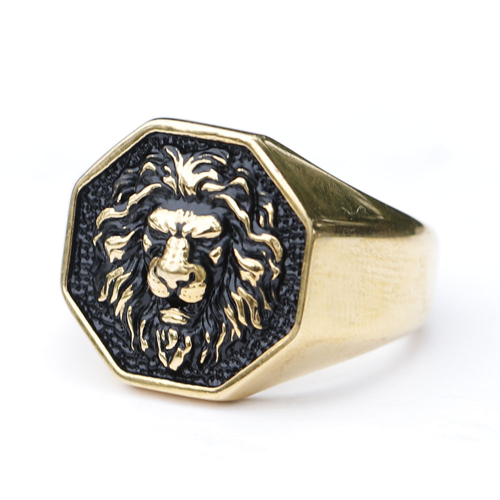 Angled view of the domineering lion head ring, emphasizing its octagonal frame and craftsmanship.