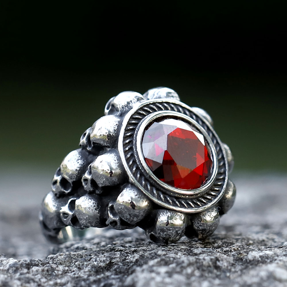 Men's 316L Stainless Steel Gothic Skull Ring with Red Zircon