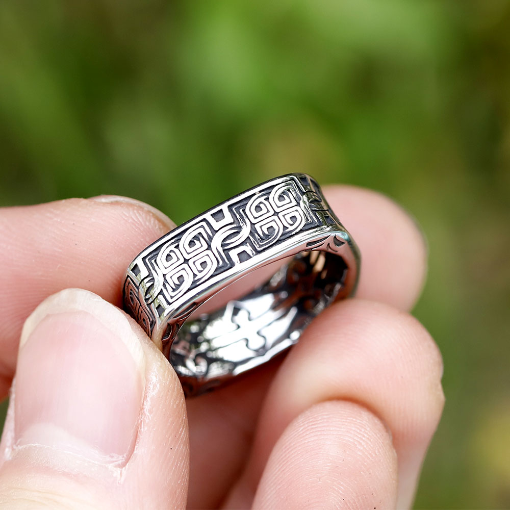 Lower band section of the Viking Celtic knot ring, emphasizing the continuous pattern work.