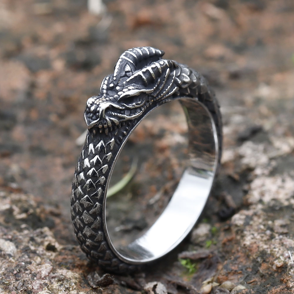 Close-up of the polished inner band of the 316L stainless steel Nordic dragon ring.