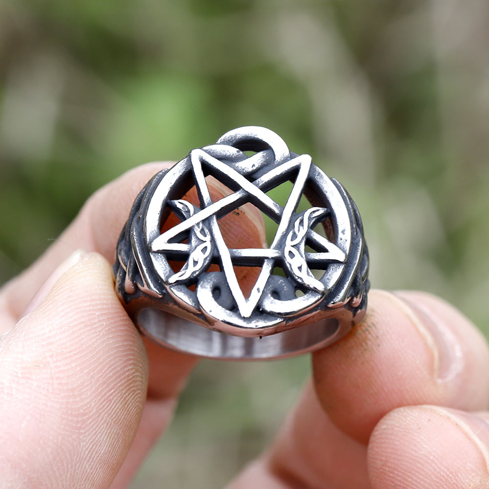 Angled view of the durable stainless steel ring, highlighting its bold design.