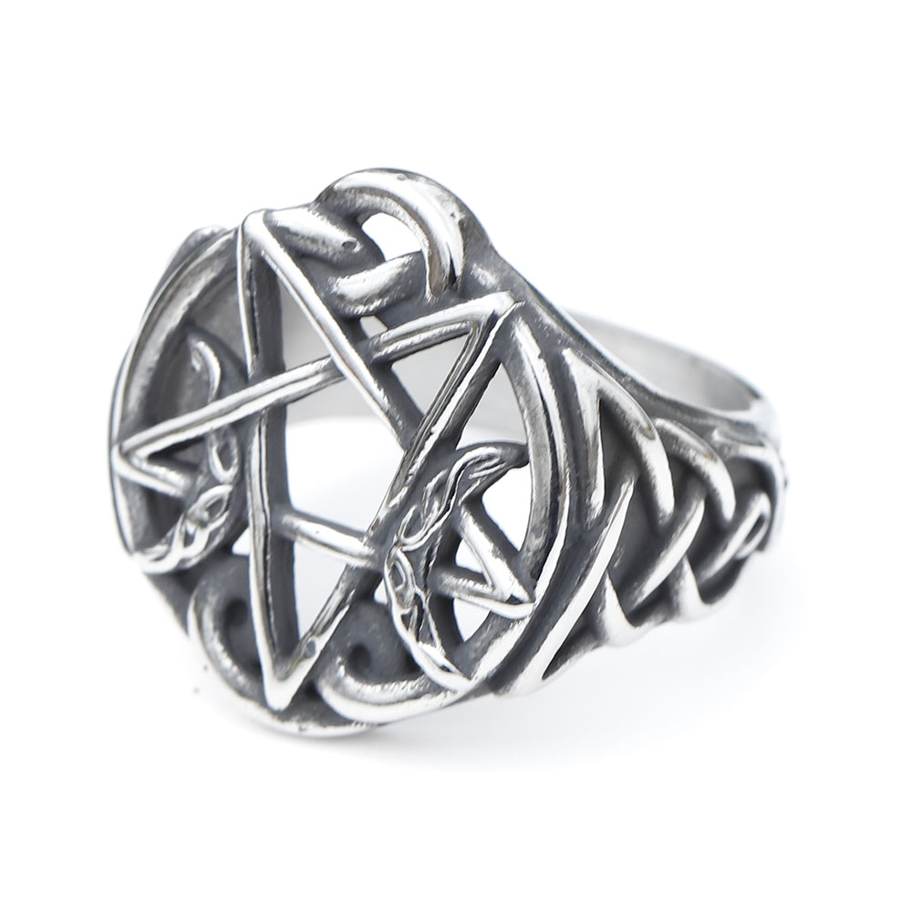 View of the entire stainless steel pentagram ring, emphasizing its polished and oxidized finish.