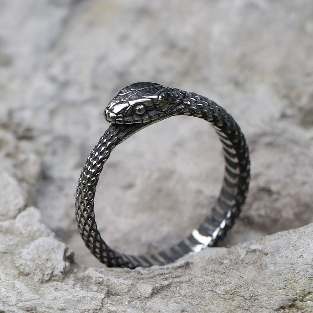 Angled view of the stainless steel snake ring, highlighting craftsmanship.