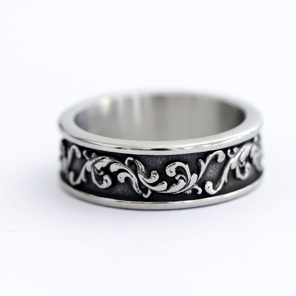 Top-down view of the durable stainless steel ring with its unique spindrift pattern and polished finish.