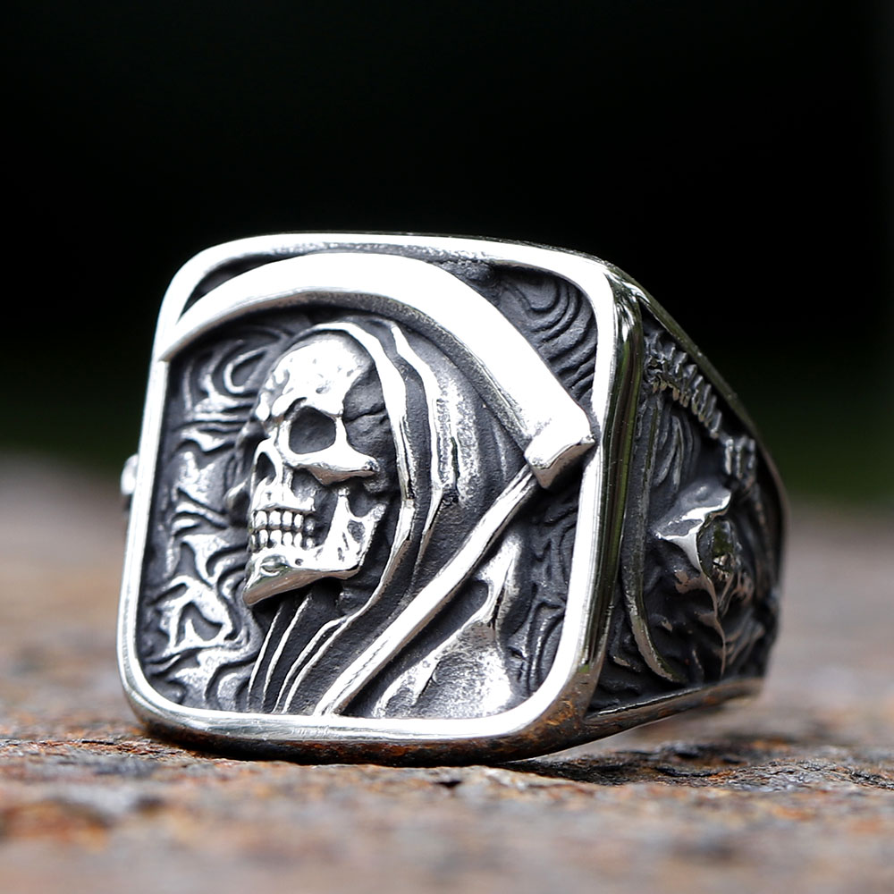 Vintage Men's Stainless Steel Skull Sickle Ring
