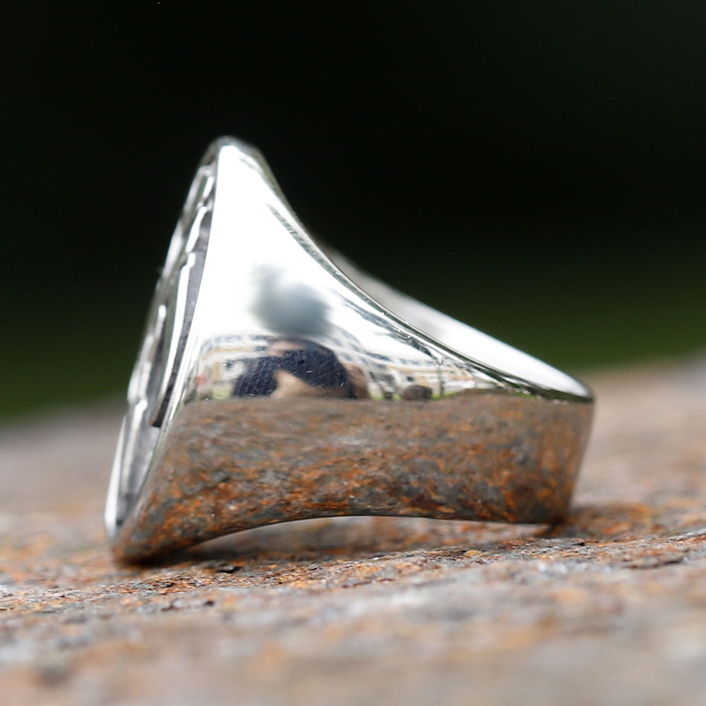Angled shot highlighting the detailed Mythosaur design and polished band of the ring.