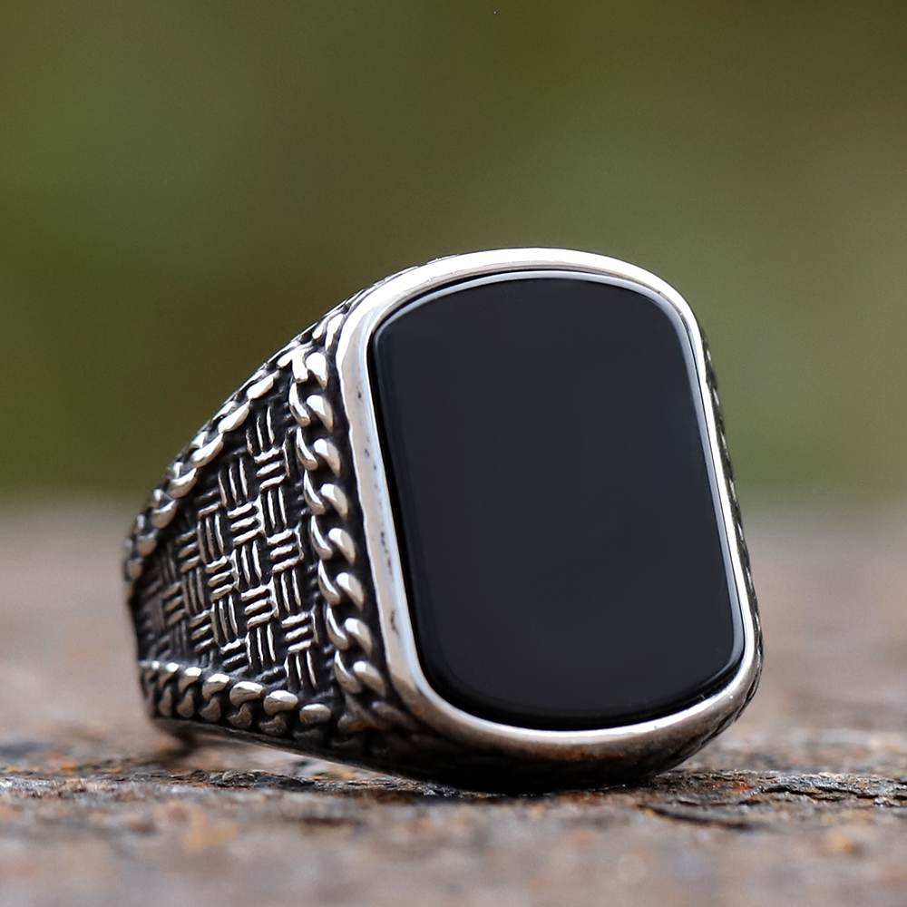 Vintage Punk Stainless Steel Rectangle Black Stone Ring for Men
