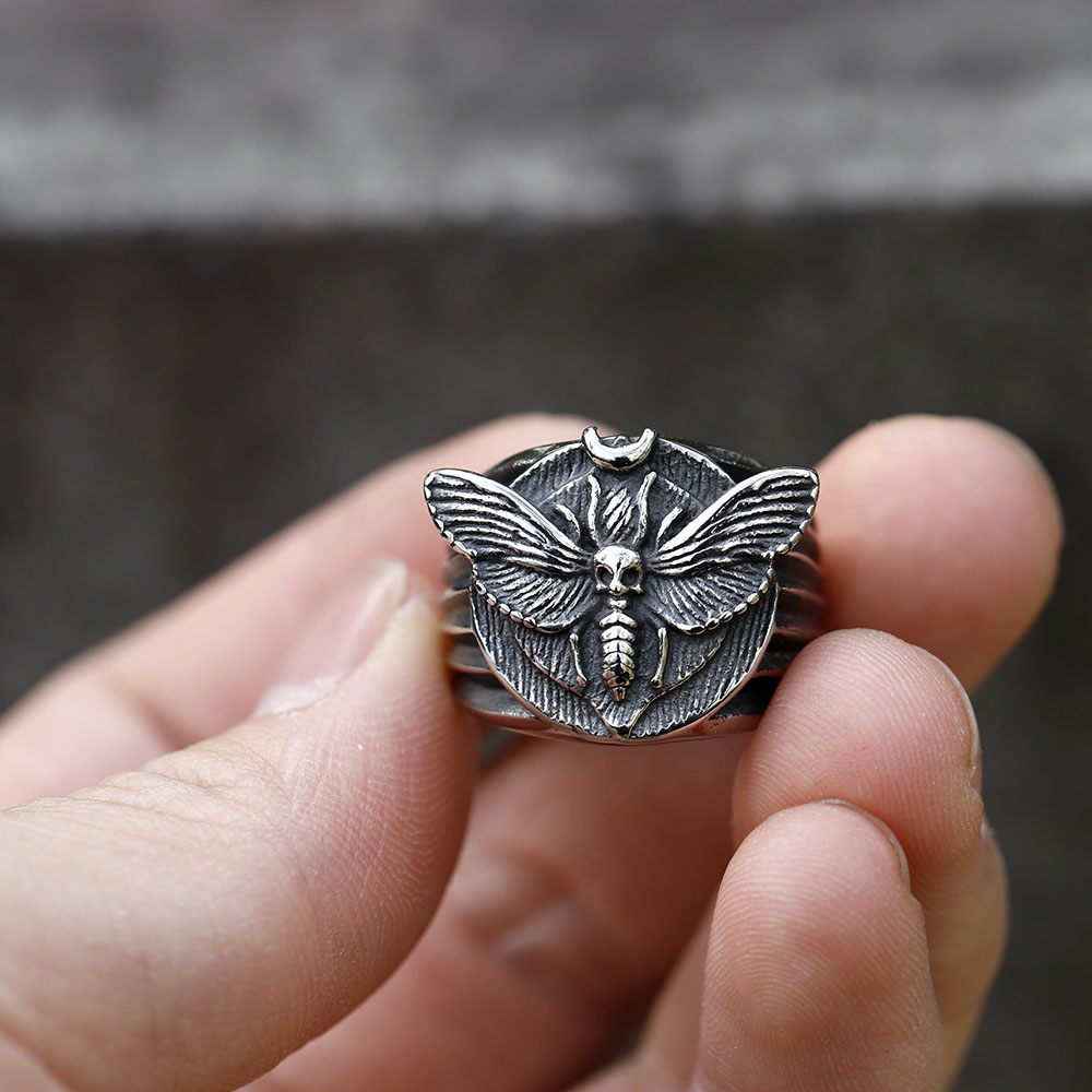 Overhead shot of the bold Death's Head Moth ring crafted from 316L stainless steel.