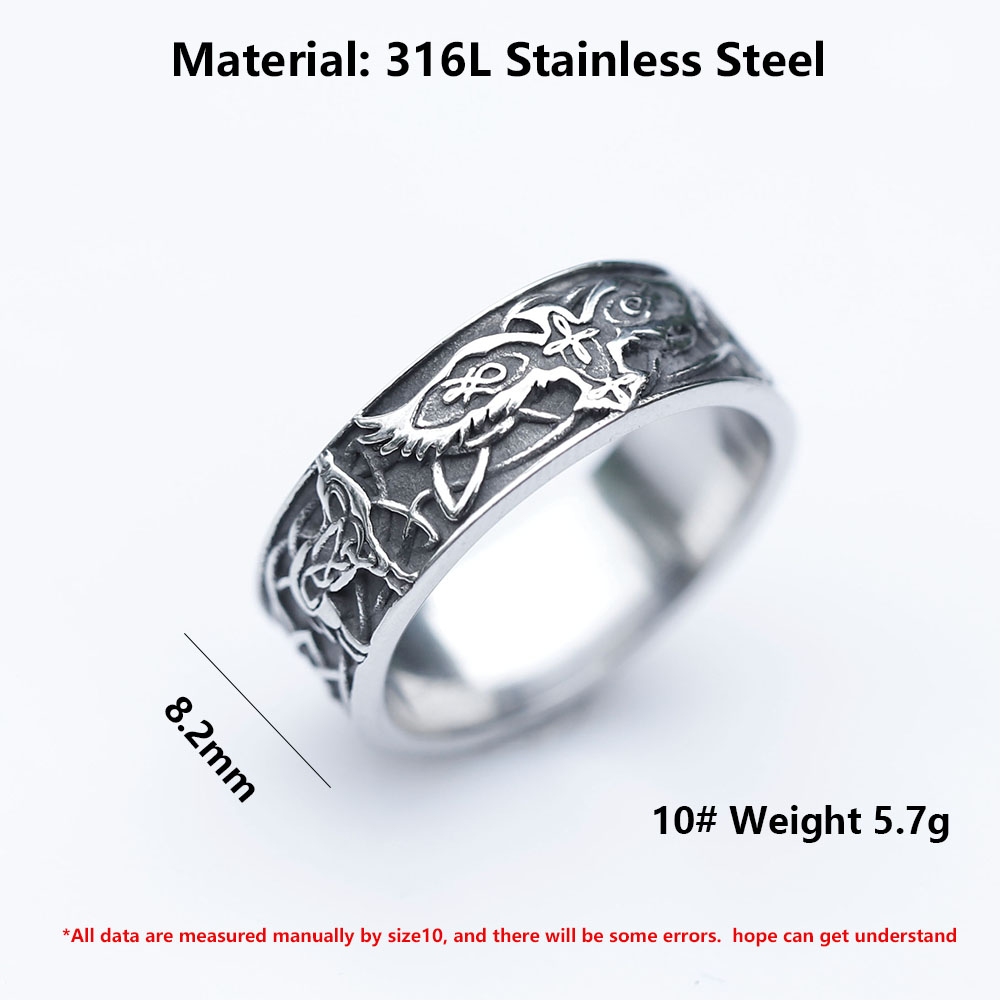 Top-down perspective of the men's eagle ring, revealing the band's width and the continuous artwork