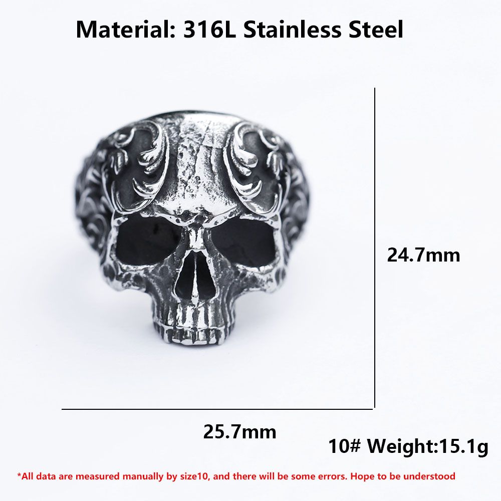 Full view of the men's retro skull head ring, highlighting its bold statement design and high-quality finish.