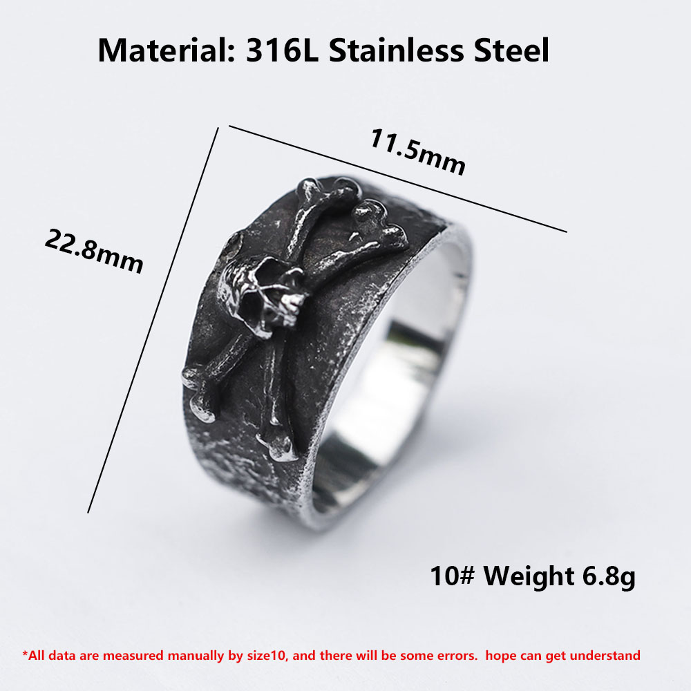 Angled view of the substantial 316L stainless steel skull ring, with a focus on its rugged texture and design elements.