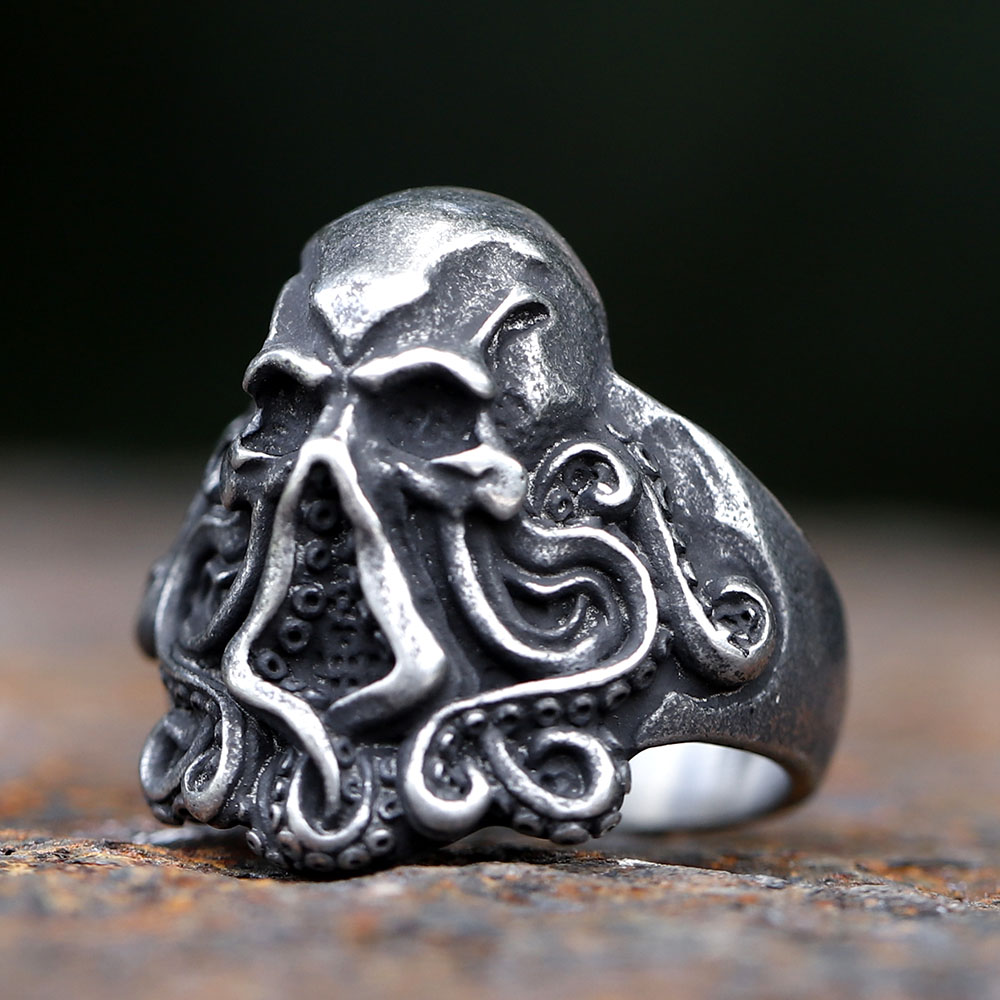 Gothic octopus skull men's ring made from antique silver-tone stainless steel, front view.
