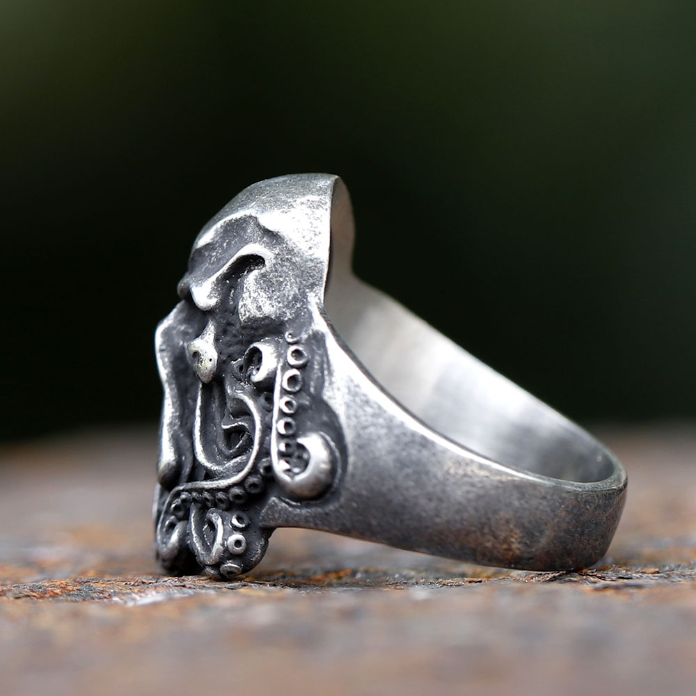 Full view of the bold octopus skull ring, ready to be worn as a statement piece.