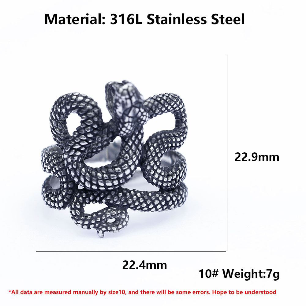 Side profile of the 316L stainless steel snake ring, emphasizing the wrap-around design and polished inner surface.