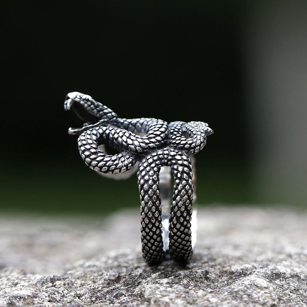 316L stainless steel snake ring resting on a textured gray rock, showcasing the full design and polished inner band.