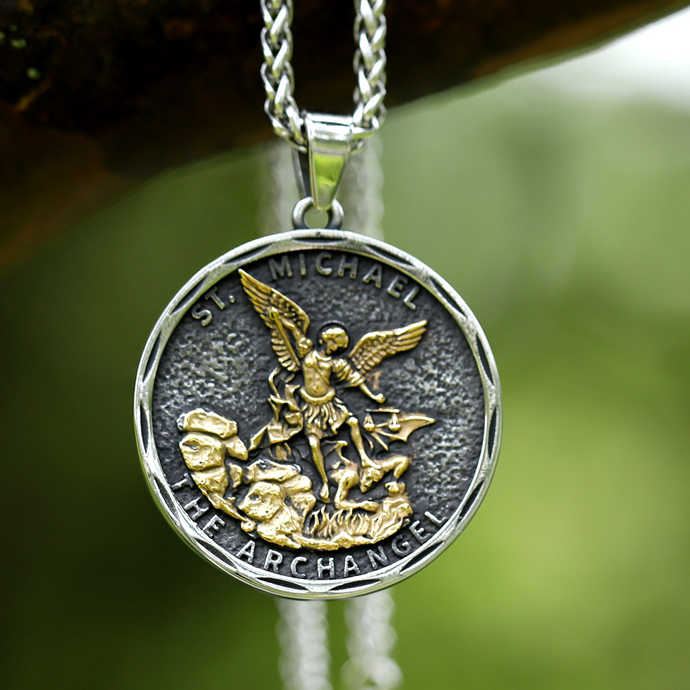 Detailed view of the St. Michael pendant with "THE ARCHANGEL" inscription on the right.