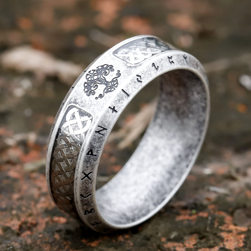 Vintage Stainless Steel Viking Rune Tree of Life Ring for Men