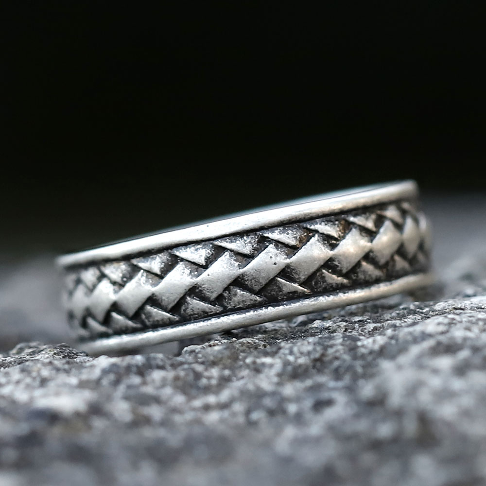 Side view of the smooth, polished inner band and brushed outer texture of the men's steel ring