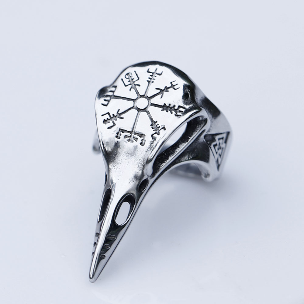 Men's 316L stainless steel Viking raven head ring with Vegvisir symbol on a white background.